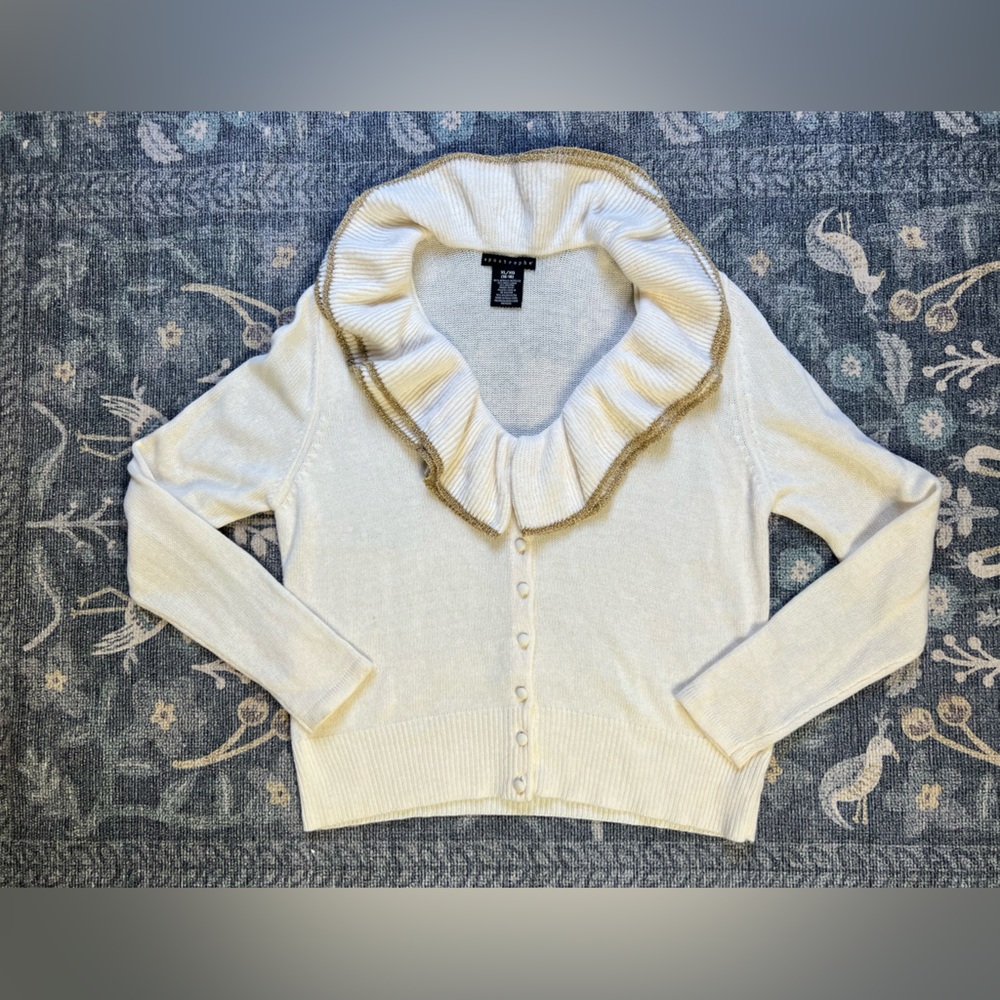 Apostrophe Acrylic wool angora deep V ruffle neck cream, and gold cardigan
